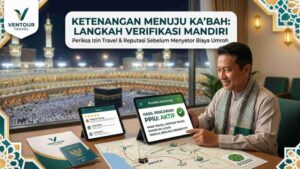 Ilustrasi seorang pria Muslim sedang mengecek legalitas travel umroh menggunakan aplikasi Pusaka Kemenag di tablet yang menampilkan hasil pencarian PPIU aktif untuk Ventour Travel dengan latar belakang pemandangan Ka'bah.