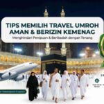 Banner panduan tips memilih travel umroh yang aman dan resmi Kemenag dengan latar belakang Masjidil Haram Kaabah, pesawat Ventour Travel, jamaah umroh, dan logo sertifikasi 5 Pasti Umroh.